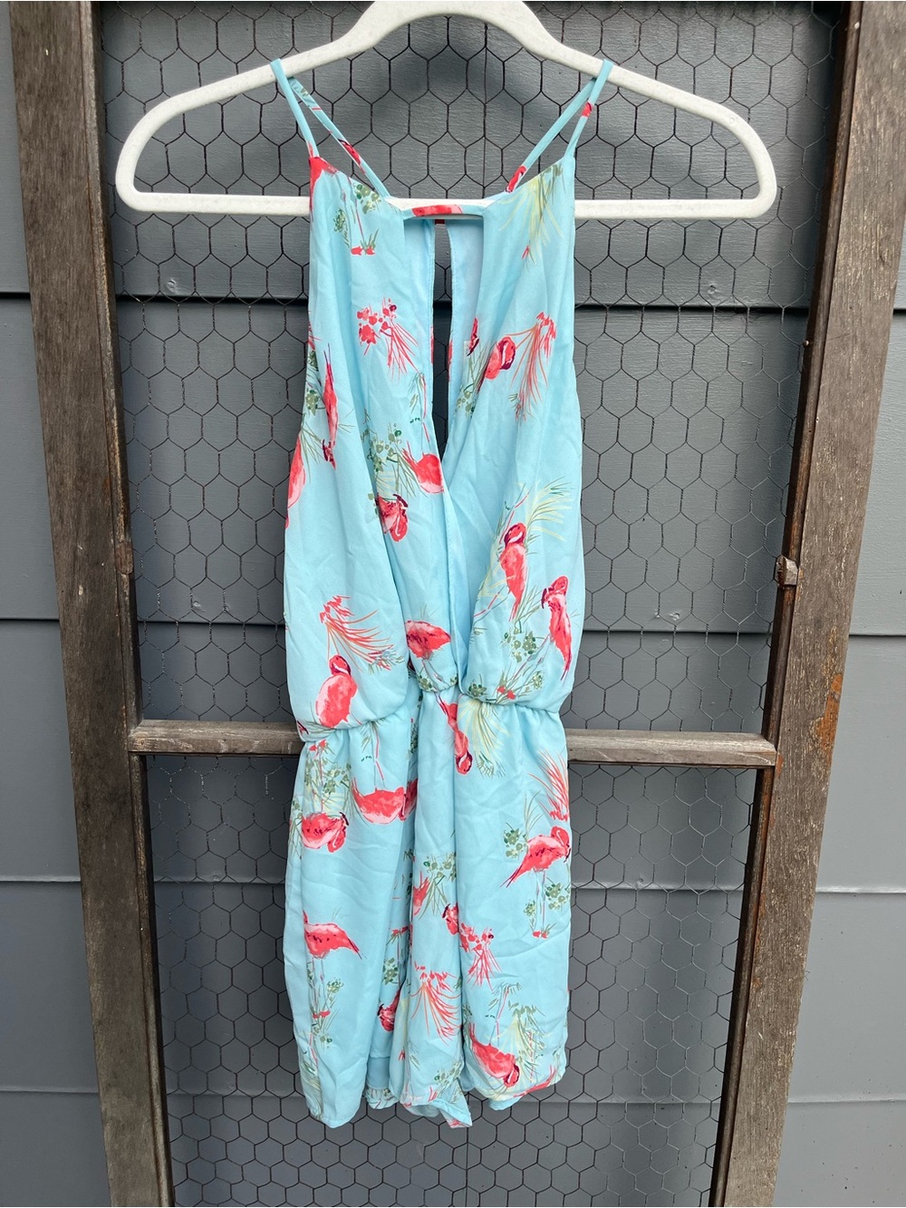 Everly Blue Woman’s Romper With Pink Flamingos Elastic Waist Sz M